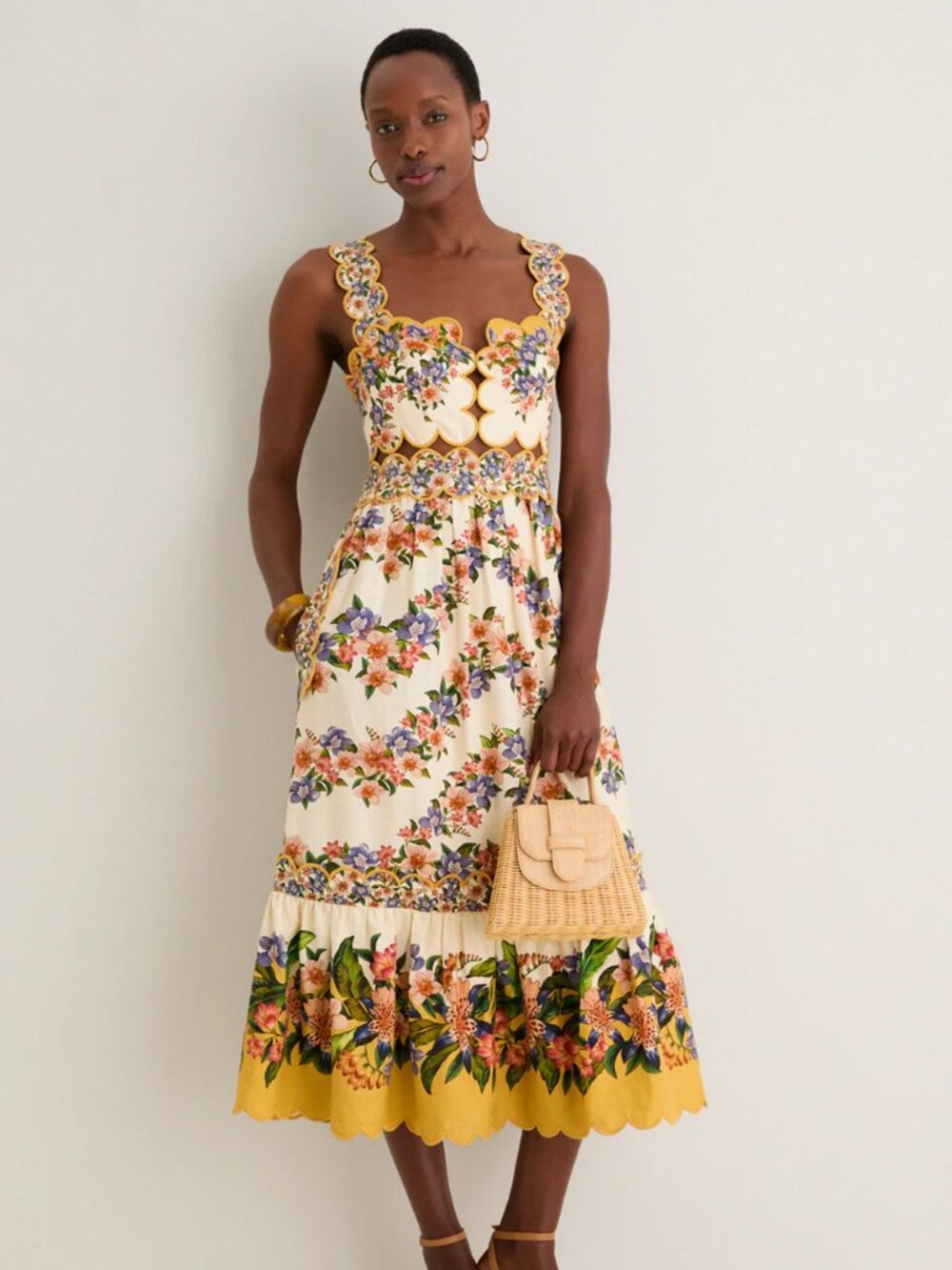 FARM Rio Cream Floral Scallop-Trim Midi Dress with Yellow Border
